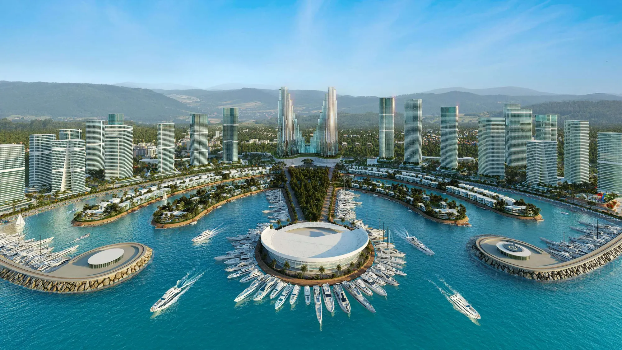 Visualisierung: Ambassadori Island aus der Luft mit Marina, Villen und Wohntürmen vor den Bergen Adschariens