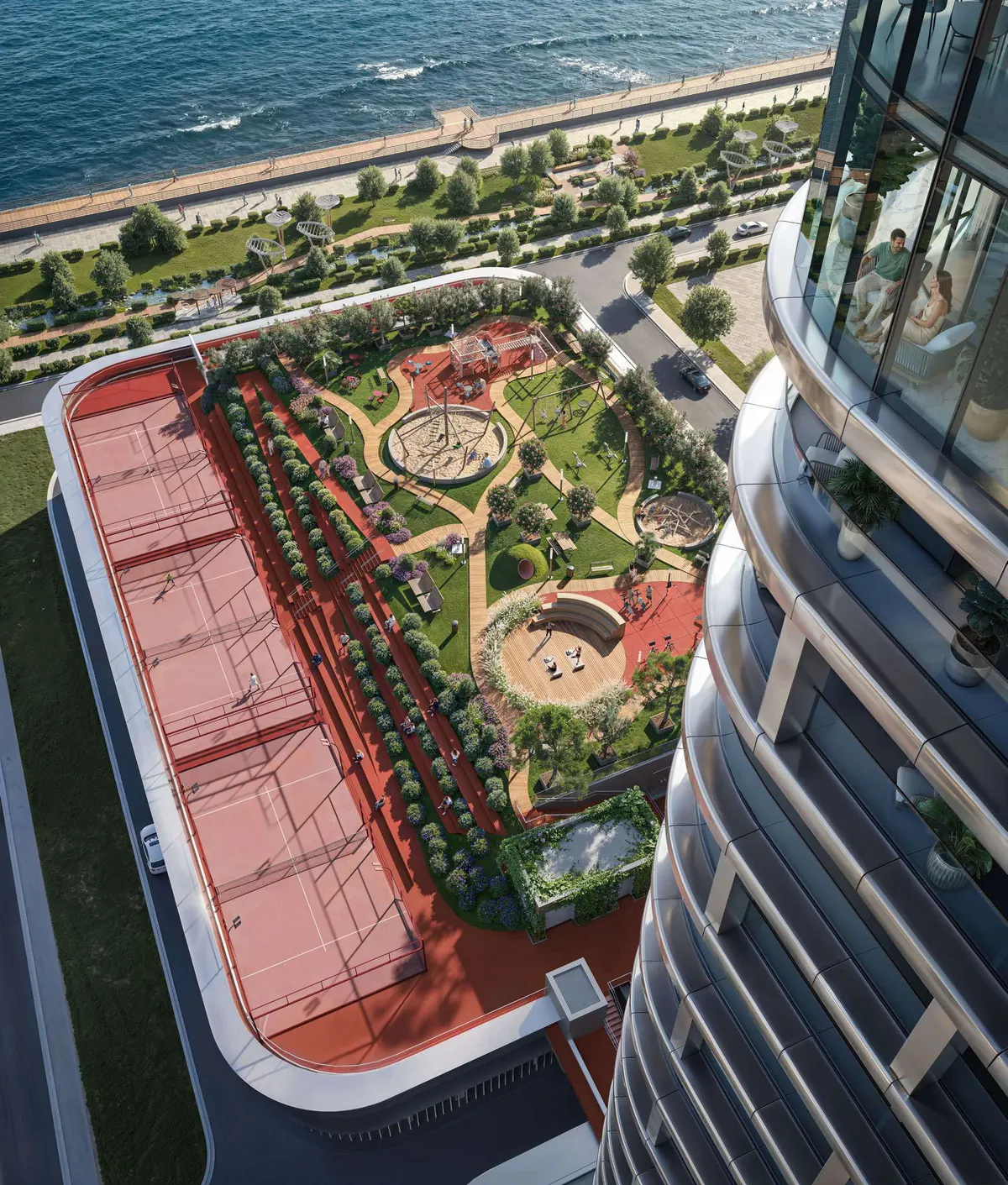 Visualisierung: Padelplätze und Garten auf dem Sockel des Turms, dahinter die Promenade am Meer