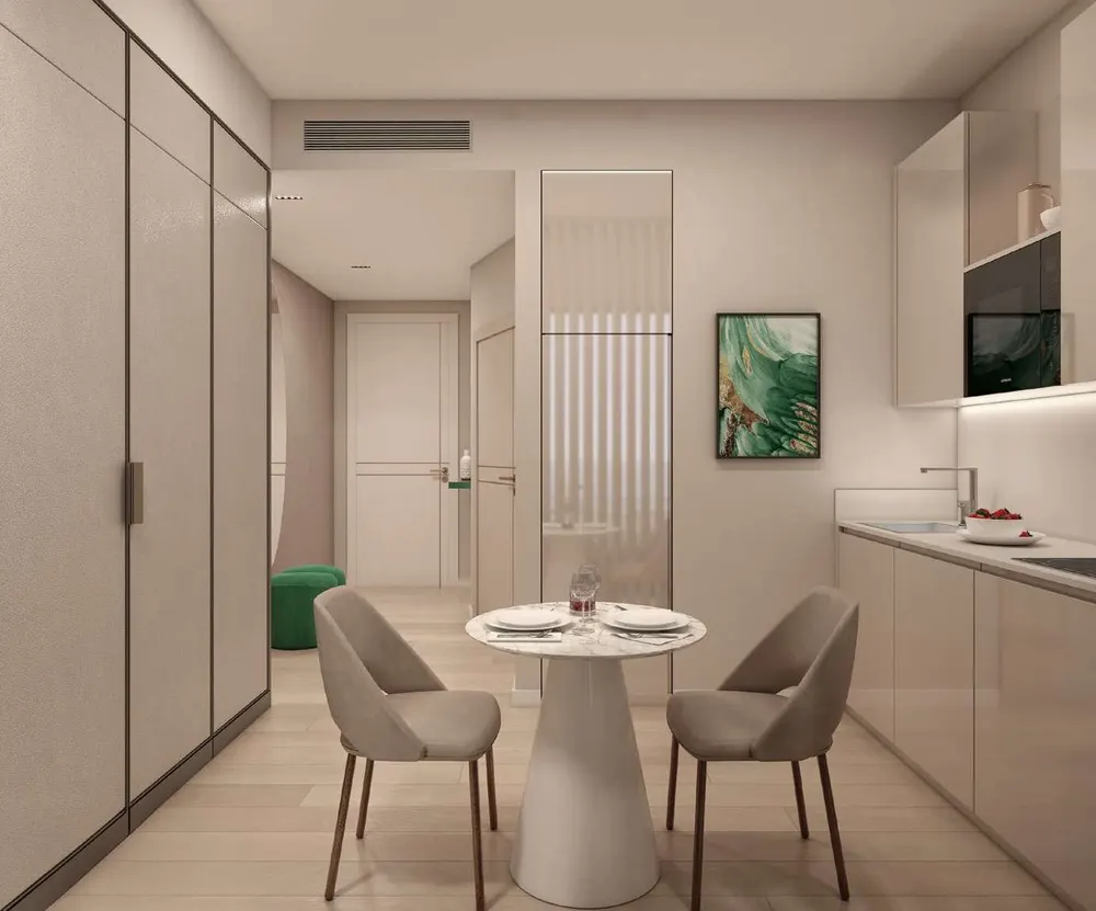 Visualisierung: Küche und Essplatz eines Apartments